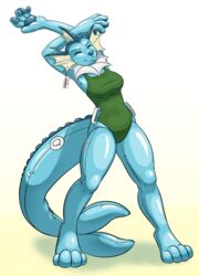  2019 after_transformation animate_inanimate anthro blue_body breasts closed_eyes clothing digital_media_(artwork) digitigrade ear_piercing ear_tag eeveelution female generation_1_pokemon handle hi_res inflatable living_inflatable nintendo nozzle one-piece_swimsuit oter piercing pokemon pokemon_(species) simple_background smile solo standing stretching swimwear vaporeon 