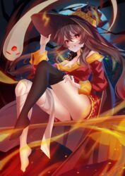  absurdres bandaged_leg bandages boo_tao_(genshin_impact) breasts broom broom_riding cleavage cosplay ducveagle female genshin_impact ghost halloween hat highres hu_tao_(genshin_impact) kono_subarashii_sekai_ni_shukufuku_wo! megumin megumin_(cosplay) single_thighhigh solo takahashi_rie thighhighs thighs voice_actor_connection witch_hat 