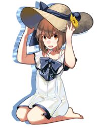  alternate_costume anchor anchor_symbol barefoot blue_bow blush bow brown_eyes brown_hair commentary dress female flower full_body hat kantai_collection official_alternate_costume open_mouth outline sagamiso short_hair simple_background sitting solo speaking_tube_headset sun_hat sundress twitter_username yellow_flower yukikaze_(kancolle) yukikaze_(summer_mode)_(kancolle) 