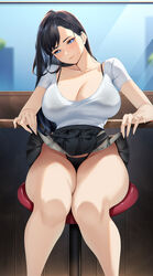  bikini black_bikini black_hair blue_eyes blueorca breasts cleavage closed_mouth clothes_lift collarbone commentary feet_out_of_frame female head_tilt highleg highleg_bikini highres huge_breasts legs lifting_own_clothes long_hair looking_at_viewer mole mole_on_breast mole_under_eye navel on_stool original shirt short_sleeves sitting skirt skirt_lift solo swimsuit swimsuit_under_clothes thighs white_shirt 