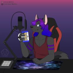  1:1 2022 anthro canid canine canis container cup electronics gaming_chair gradient_background hair hi_res long_hair looking_at_viewer male mammal microphone mug purple_hair ryukawa simple_background solo streaming streaming_setup wolf 