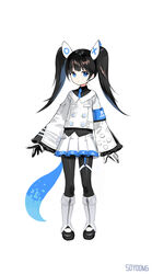  absurdres armband arms_at_sides black_hair blue_eyes blue_hair female full_body game_console hair_ornament headgear highres jacket long_hair looking_at_viewer multicolored_hair necktie original personification photoshop_(medium) playstation_5 shoes skirt solo soyoong_jun tail twintails two-tone_hair white_background wide_sleeves 