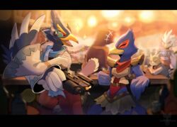  anthro avian beverage biped blue_body breath_of_the_wild canid canine closed_eyes clothed clothing detailed_background falco_lombardi fox fox_mccloud group hi_res holding_beverage holding_object holding_weapon male mammal nintendo open_mouth revali smile star_fox teba_(tloz) tenebscuro the_legend_of_zelda weapon 