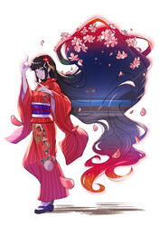  black_hair blue_eyes cherry_blossoms female flower full_body hair_flower hair_ornament highres hime_cut index_finger_raised japanese_clothes jojo_no_kimyou_na_bouken jojo_pose kimono kurosawa_dia long_hair long_sleeves looking_at_viewer love_deluxe love_live! love_live!_sunshine!! my_mai_tonight parted_lips petals pose red_flower red_kimono sandals shamakho simple_background socks stand_(jojo) superimposition tabi very_long_hair white_background white_socks zouri 