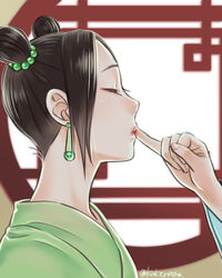  2girls applying_makeup black_hair chinese_clothes clip_studio_paint_(medium) closed_eyes double_bun earrings hair_bobbles hair_bun hair_ornament indoors jewelry ki_(pixiv239687) kingdom_(series) kou_(kingdom) lips multiple_girls out_of_frame pinky_out portrait profile sidelocks single_hair_bun solo_focus twitter_username 