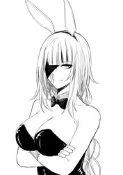  animal_ears blush breasts cleavage commentary crossed_arms fake_animal_ears female girls&#039;_frontline gloves greyscale highres leotard long_hair looking_at_viewer m16a1_(boss)_(girls&#039;_frontline) m16a1_(girls&#039;_frontline) monochrome playboy_bunny rabbit_ears reizo_ne scar simple_background smile solo strapless strapless_leotard symbol-only_commentary white_background 