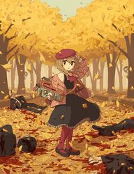  5boys absurdres after_battle autumn autumn_leaves avogado6 blood braid bullpup commentary corpse dress english_commentary female forest formal gun hair_ornament hairclip hiding highres kawaii_girl_(avogado6) knife multiple_boys nature original outdoors p90 pantyhose red_headwear red_legwear submachine_gun suit tree weapon 