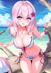  absurdres bare_shoulders beach bikini blue_sky blush bracelet breasts cleavage cloud cloudy_sky cu-no day female fingernails flower frilled_bikini frills front-tie_bikini_top front-tie_top hair_flower hair_ornament halterneck highres hisen_kaede jewelry long_hair looking_at_viewer medium_breasts navel necklace ocean open_mouth outdoors pink_hair purple_eyes scan side-tie_bikini_bottom sky smile solo stomach string_bikini swimsuit water yayoi_sakura 