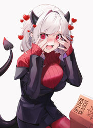  black_horns black_jacket black_skirt black_suit blush book breasts commentary demon_girl demon_horns demon_tail english_text female hands_on_own_face heart heart-shaped_pupils helltaker highres horns jacket large_breasts long_hair long_sleeves looking_at_viewer modeus_(helltaker) off-shoulder_jacket open_book open_mouth pantyhose pencil_skirt red_eyes red_legwear red_sweater ribbed_sweater saliva simple_background skirt sleeves_past_wrists solo suigetsu_(hjs1106) sweater symbol-shaped_pupils tail turtleneck wavy_mouth white_background white_hair 