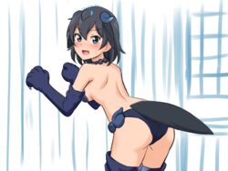  :d animal_hands ass bare_back black_eyes black_gloves black_hair blush breasts claw_pose commentary_request cosplay elbow_gloves female gloves head_wings highres kemono_friends leaning_forward looking_at_viewer looking_back medium_breasts open_mouth paw_gloves shiisaa_right shiisaa_right_(cosplay) shiraha_maru short_hair shoulder_blades smile solo superb_bird-of-paradise_(kemono_friends) sweatdrop tail thighhighs twitter_username wings 