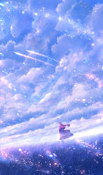  ahoge black_eyes blue_dress brown_gloves capelet closed_mouth cloud cloudy_sky dress female gloves grass grasslands highres long_hair original purple_hair sakimori_(hououbds) scenery shooting_star sky solo thighhighs 