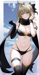  :o absurdres ahoge ass_visible_through_thighs bangs bare_shoulders bikini black_bikini black_bow black_gloves black_legwear black_scarf blurry blurry_background blush bow breasts brown_hair cleavage cloud depth_of_field elbow_gloves fate/grand_order fate_(series) feet_out_of_frame female flying_sweatdrops gloves grey_eyes hairbow highres large_breasts looking_at_viewer medium_breasts multi-strapped_bikini navel okita_souji_(fate)_(all) okita_souji_(swimsuit_assassin)_(fate) parted_lips scarf short_hair single_glove skindentation solo stomach strap_slip sweatband swimsuit thigh_strap thighhighs thighs twitter_username xretakex 