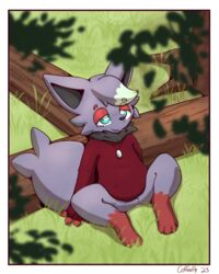  anthro coffeefly fan_character generation_5_pokemon grass hi_res jewelry leaf log male necklace nintendo plant pokemon pokemon_(species) relaxing solo tree wood zorua 