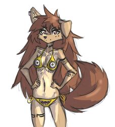  2022 5_fingers anthro apogee_(tinygaypirate) arm_markings arm_tattoo arm_tuft bikini black_nose breasts brown_body brown_eyes brown_fur brown_hair canid canine canis cheek_tuft chest_markings chest_tattoo cleavage clothed clothing cowlick despicable_me domestic_dog ear_piercing eyebrow_through_hair eyebrows eyelashes facial_markings facial_piercing facial_tattoo facial_tuft female fingers floppy_ears fur furgonomics furry-specific_piercing grey_background hair hands_on_hips head_markings hi_res illumination_entertainment inner_ear_fluff leg_markings leg_tattoo long_hair looking_at_viewer mammal markings messy_hair muzzle_piercing navel neck_markings neck_tattoo nose_piercing piercing portrait side-tie_bikini side-tie_clothing side-tie_swimwear simple_background slim smile solo spitz standing string_bikini swimwear tattoo three-quarter_portrait tinygaypirate translucent translucent_hair tuft 