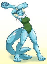  2019 after_transformation animate_inanimate anthro big_hands blue_body breasts closed_eyes clothing digital_media_(artwork) digitigrade ear_piercing ear_tag eeveelution female generation_1_pokemon handle hi_res huge_hands inflatable living_inflatable nintendo nozzle one-piece_swimsuit oter pawpads piercing pokemon pokemon_(species) simple_background smile solo standing stretching swimwear vaporeon 