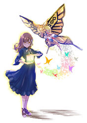  blue_dress bow bowtie box brown_hair bug butterfly cross-laced_footwear dress female full_body glasses golden_wings hairbow highres holding holding_box jojo_no_kimyou_na_bouken jojo_pose kunikida_hanamaru love_live! love_live!_sunshine!! medium_hair mitaiken_horizon orange_eyes pose ribbon shadow shamakho socks solo stand_(jojo) standing striped_bow striped_bowtie striped_clothes white_socks 