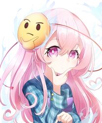  ametama_(runarunaruta5656) bow bright_pupils circle closed_mouth emoji eyebrows_visible_through_hair female hair_between_eyes hata_no_kokoro highres long_hair looking_at_viewer mask mask_on_head pink_eyes pink_hair plaid plaid_shirt purple_bow purple_neckwear red_ribbon ribbon shirt simple_background solo thinking thinking_emoji touhou triangle white_background white_pupils 