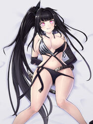  absurdres architect_(girls&#039;_frontline) architect_(nvw_model)_(girls&#039;_frontline) arms_behind_back bare_shoulders bikini black_bikini black_gloves black_hair blush breasts cleavage collarbone elbow_gloves feet_out_of_frame female girls&#039;_frontline gloves grin highres long_hair looking_at_viewer lying medium_breasts navel official_alternate_costume on_back open_mouth parted_lips purple_eyes sangvis_ferri side_ponytail simple_background smile solo soribit95 swimsuit teeth thighs very_long_hair white_background 