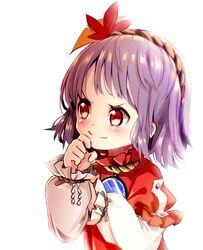  aged_down blush commentary_request female ginkgo_leaf hair_ornament hand_up highres leaf leaf_hair_ornament long_sleeves mirror purple_hair red_eyes red_shirt shirt short_hair simple_background smile solo tatuhiro touhou upper_body white_background white_shirt yasaka_kanako 