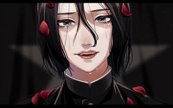  1boy :d black_hair black_jacket close-up crying crying_with_eyes_open gakuran hair_between_eyes highres jacket jaibo litchi_hikari_club looking_at_viewer male_focus open_mouth petals portrait rose_petals sad_smile school_uniform smile solo tearing_up tears tsunko_(9v2_q) 