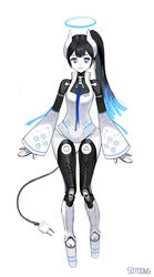  absurdres android arms_at_sides black_hair blue_eyes blue_hair cable cable_tail electric_plug electric_plug_tail female game_console halo highres horns joints long_hair looking_at_viewer mechanical_horns mechanical_tail multicolored_hair original personification photoshop_(medium) playstation_5 ponytail robot_joints solo soyoong_jun tail two-tone_hair white_background wide_sleeves 