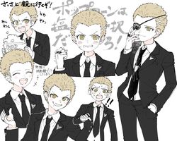  ! !! 1boy :d black_jacket black_necktie black_pants blonde_hair danganronpa_(series) danganronpa_2:_goodbye_despair food formal freckles grey_background grin hand_up happy highres holding holding_food jacket jewelry kuzuryu_fuyuhiko long_sleeves looking_at_viewer male_focus multiple_views necktie omochi_ksw open_clothes open_jacket orange_eyes pants popcorn print_eyepatch ring short_hair simple_background smile suit teeth translation_request upper_teeth_only 