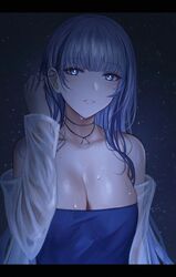  black_background blue_dress blue_eyes blunt_bangs breasts cleavage dress female girls&#039;_frontline girls&#039;_frontline_neural_cloud grin hair_behind_ear highres hubble_(neural_cloud) jewelry large_breasts necklace see-through selcky sky smile star_(sky) starry_sky strapless strapless_dress upper_body wet 