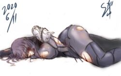  armor blood breasts clip_studio_paint_(medium) cuts dated fate/grand_order fate_(series) female graphite_(medium) highres injury large_breasts long_hair lying on_side pauldrons purple_hair ryona scathach_(fate) shoulder_armor simple_background skin_tight solo suga_leon torn_clothes traditional_media white_background 