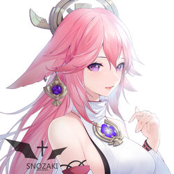  animal_ears artist_name bare_shoulders chinese_commentary commentary_request detached_sleeves ear_piercing earrings female fox_ears genshin_impact hand_up highres jewelry long_hair looking_at_viewer open_mouth piercing pink_hair portrait purple_eyes snozaki solo vision_(genshin_impact) white_background yae_miko 