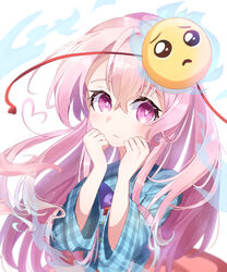  absurdres ametama_(runarunaruta5656) blush bow bowtie bright_pupils bubble_skirt circle closed_mouth commentary_request cross emoji female hair_between_eyes hata_no_kokoro highres long_hair looking_at_viewer mask mask_on_head pink_eyes pink_hair plaid plaid_shirt pleading_face_emoji purple_bow purple_bowtie red_ribbon ribbon sad shirt simple_background skirt solo star_(symbol) touhou triangle white_background white_pupils 