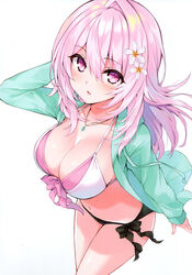  absurdres bikini blush breasts cleavage cu-no female fingernails flower hair_flower hair_ornament halterneck hand_up highres hisen_kaede jacket jewelry large_breasts long_hair long_sleeves looking_at_viewer navel necklace open_clothes open_jacket parted_lips pink_hair purple_eyes ribbon scan shiny_skin side-tie_bikini_bottom solo stomach string_bikini swimsuit thighs white_background yayoi_sakura 