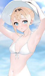  absurdres armpits arms_up bikini bikini_top_only blonde_hair blue_eyes blue_sky blush breasts cloud cloudy_sky collarbone commentary_request day eyewear_on_head female glasses hair_ornament hairband hat highres hololive kazama_iroha navel outdoors parted_lips ryuya short_hair simple_background sky small_breasts solo stomach sun_hat swimsuit upper_body virtual_youtuber 