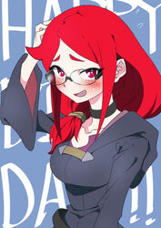  bespectacled black_choker blue_background blush breasts choker collarbone commentary_request enoki-kou female glasses hair_tubes happy_birthday little_witch_academia long_hair looking_at_viewer medium_breasts open_mouth red_eyes red_hair robe shiny_chariot simple_background smile solo spoilers sweatdrop text_background upper_body ursula_charistes wide_sleeves 