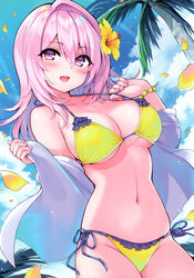  absurdres bare_shoulders bikini blue_sky blush bracelet breasts cleavage cloud cloudy_sky collarbone cu-no day female flower frills hair_flower hair_ornament hibiscus highres hisen_kaede jacket jewelry lips long_hair looking_at_viewer medium_breasts navel off_shoulder open_clothes open_jacket open_mouth outdoors palm_tree petals pink_hair pulling_own_clothes purple_eyes scan side-tie_bikini_bottom sky smile solo stomach swimsuit tree yayoi_sakura 