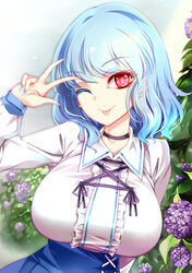  blue_eyes blue_hair breasts female hand_gesture heterochromia highres large_breasts meme_attire one_eye_closed raptor7 red_eyes shirt short_hair solo tatara_kogasa tongue tongue_out touhou virgin_killer_outfit white_shirt 