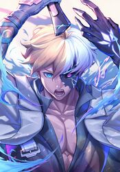  1boy aura black_sclera blonde_hair blue_eyes blue_gloves blue_shirt claws colored_sclera dragon_install gloves guilty_gear guilty_gear_strive hair_between_eyes heterochromia high_collar highres holding holding_sword holding_weapon jacket jacket_on_shoulders ky_kiske male_focus multicolored_hair open_mouth pectoral_cleavage pectorals qibi_(jenchang1117) red_eyes shirt short_hair solo split-color_hair sword thunderseal transformation upper_body weapon white_background white_jacket 