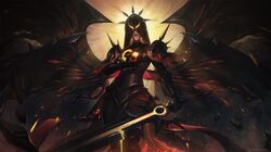  apple armor artist_name backlighting black_gloves breastplate closed_mouth dated facing_viewer feet_out_of_frame female food fruit gloves glowing highres holding holding_sword holding_weapon hood hood_up kayle_(league_of_legends) league_of_legends multiple_wings saliva shoulder_armor solo sun_eater_kayle sword vincent_t_(oriaarts) weapon wings 