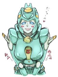  autobot blue_eyes blush breasts female heart helmet humanoid_robot leaning_forward looking_at_viewer mecha medium_breasts moonracer robot robot_girl smile straight-on tack_(dnet) transformers upper_body white_background 