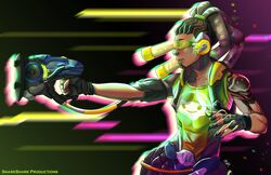  1boy aiming armband artist_name brown_hair dark-skinned_male dark_skin dreadlocks facial_hair fingerless_gloves gloves goatee green_shirt gun hair_ornament hairband head-mounted_display headphones highres listening_to_music long_hair looking_to_the_side lucio_(overwatch) male_focus overwatch overwatch_1 shirt sleeveless snarksharkproductions solo tattoo toned toned_male weapon 