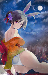  animal_ears ass back bare_legs bare_shoulders barefoot black_hair braid breasts clothes_down cloud female flower girls_und_panzer hair_flower hair_ornament isuzu_hana japanese_clothes kemonomimi_mode kimono large_breasts long_hair looking_at_viewer looking_back moon night obi orange_kimono purple_eyes rabbit_ears rabbit_tail sash sitting solo tail yurikuta_tsukumi 