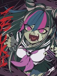  aetherion alternate_skin_color asymmetrical_legwear black_hair black_skirt blue_hair breasts character_name claw_pose commentary commission danganronpa_(series) danganronpa_2:_goodbye_despair ear_piercing fangs female from_above hair_horns hands_up highres jewelry lip_piercing long_hair looking_at_viewer medium_breasts mioda_ibuki mismatched_legwear multicolored_hair neckerchief necklace open_mouth piercing pink_eyes pink_hair pleated_skirt sailor_collar scar school_uniform serafuku skirt smile solo stitches teeth thighhighs tongue torn_clothes torn_thighhighs white_hair zombie zombie_land_saga zombification 