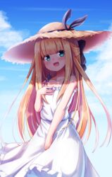  :d baram bare_arms bare_shoulders black_bow black_ribbon blonde_hair blue_sky blush bow brown_hat clip_studio_paint_(medium) cloud cloudy_sky collarbone commentary_request day dress female frilled_dress frills green_eyes hairbow hand_up hat hat_ribbon highres long_hair looking_at_viewer mononobe_alice nijisanji open_mouth outdoors ribbon sky sleeveless sleeveless_dress smile solo straw_hat very_long_hair virtual_youtuber white_dress 