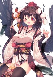  bird_wings black_gloves black_hair black_thighhighs black_wings breasts commentary_request female fingerless_gloves gloves hat highres japanese_clothes kemo_chiharu kimono kourindou_tengu_costume large_breasts long_sleeves official_alternate_costume pointing pointing_at_viewer pointy_ears pom_pom_(clothes) red_eyes red_hat ribbon-trimmed_sleeves ribbon_trim shameimaru_aya short_hair simple_background solo thighhighs tokin_hat touhou white_background white_kimono wide_sleeves wings 