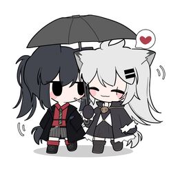  2girls animal_ears arknights black_dress black_eyes black_footwear black_hair black_jacket black_umbrella blush_stickers boots chibi closed_eyes closed_mouth collared_shirt commentary_request diagonal-striped_clothes diagonal-striped_necktie dress full_body green_neckwear grey_hair grey_shorts hair_ornament hairclip heart highres holding holding_umbrella jacket lappland_(arknights) lappland_(refined_horrormare)_(arknights) long_hair long_sleeves mouth_hold multiple_girls necktie official_alternate_costume open_clothes open_jacket ponytail red_legwear red_shirt scar scar_across_eye scar_on_face shadow shared_umbrella shirt shorts smile socks spoken_heart striped_clothes striped_necktie striped_shorts texas_(arknights) texas_(willpower)_(arknights) umbrella vertical-striped_clothes vertical-striped_shorts very_long_hair white_background xijian 