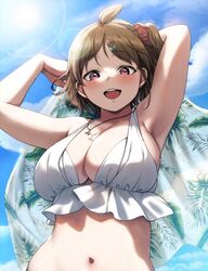  :d ahoge armpits arms_up bare_shoulders bikini blue_sky blush breasts brown_hair cleavage cloud cloudy_sky commentary_request day female hair_ornament hair_scrunchie highres jewelry large_breasts lens_flare looking_at_viewer navel necklace open_mouth original outdoors palm_leaf purple_eyes red_scrunchie samemanma scrunchie short_hair side_ponytail sky smile solo stomach sun sunlight swimsuit upper_body white_bikini 