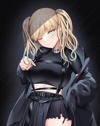  black_background black_jacket black_shirt black_skirt blonde_hair breasts commentary crop_top enryuu_(rmxs3488) female hand_in_pocket harness highres jacket large_breasts long_hair nijisanji off_shoulder one_eye_closed shirt sister_claire sister_claire_(9th_costume) skirt solo torn_clothes torn_skirt twintails virtual_youtuber yellow_eyes 