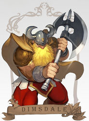  1boy armor axe battle_axe big_nose blonde_hair cape character_name commentary dimsdale dungeons_&amp;_dragons dungeons_&amp;_dragons:_shadow_over_mystara dwarf english_commentary fake_horns faulds gold_armor highres holding holding_axe horned_headwear horns huge_weapon leggings male_focus morry muscular muscular_male nose pauldrons red_leggings shoulder_armor solo thick_thighs thighs vambraces weapon 