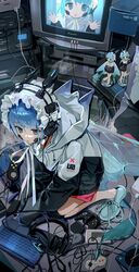  blue_eyes blue_hair bob_cut computer computer_keyboard controller female figure game_console game_controller headdress headphones highres indoors jacket keki_chogyegi messy messy_room monitor original otaku_room solo white_headdress 