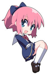  :d black_bow black_footwear blue_bow blue_dress blue_eyes bow chibi clip_studio_paint_(medium) commentary_request dress female frilled_dress frills full_body hair_between_eyes hairbow highres kneehighs long_sleeves looking_at_viewer open_mouth original osaragi_mitama pink_hair ponytail red_bow sailor_collar sailor_dress shoes sidelocks simple_background smile socks solo white_background white_sailor_collar white_socks 