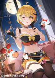  ;p ahoge arm_cuffs asymmetrical_legwear bare_shoulders bat_(animal) bat_hair_ornament belt black_bracelet black_bustier black_choker black_gloves black_ribbon black_shorts blonde_hair bow bracelet breasts bustier candy choker cleavage copyright_name corset earrings female fingerless_gloves flower food frills full_moon garter_straps gloves hair_between_eyes hair_ornament hairpin hand_on_own_face highleg highleg_panties highres hololive jewelry kapumin_(yozora_mel) kneehighs lollipop looking_at_viewer midriff moon nail_polish navel night night_sky official_art one_eye_closed panties pillow pink_bow red_flower red_rose ribbon rose short_hair short_shorts shorts single_garter_strap single_kneehigh single_sock single_thighhigh sitting sky socks solo star_(sky) star_(symbol) star_choker starry_sky thigh_strap thighhighs tongue tongue_out underbust underwear vase virtual_youtuber window wrist_ribbon yellow_bow yellow_eyes yozora_mel yozora_mel_(2nd_costume) zattape 